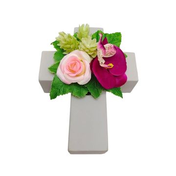 Blumengesteck Künstlich Rose, Orchidee, Hopfen ARIADNA, Pflanzkreuz, rosa-pink, 20x15x9cm