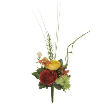 Kunstblumengesteck Rose, Ranunkel, Hortensie GAEL, Steckstab, orange-gelb, 40cm, Ø14cm