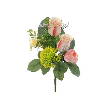 Künstliches Gesteck Rose, Ranunkel, Allium HOKUNA, Steckstab, rosa-gelb, 27cm, Ø20cm