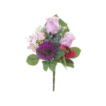 Künstliches Gesteck Rose, Ranunkel, Allium HOKUNA, Steckstab, lila-rosa-pink, 27cm, Ø20cm