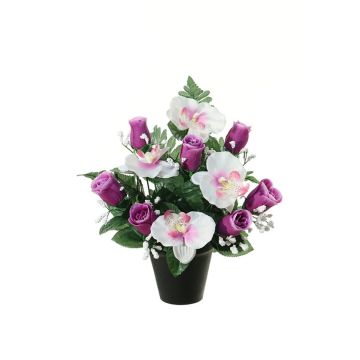 Künstliches Blumengesteck Phalaenopsis Orchidee, Rose VIOMA, Dekotopf, lila-creme, 30cm, Ø27cm
