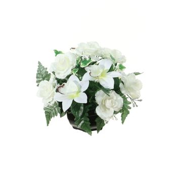Künstliches Blumengesteck Rose, Cymbidium Orchidee YAMMA, Dekotopf, creme, 26cm, Ø27cm