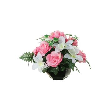 Künstliches Blumengesteck Rose, Cymbidium Orchidee YAMMA, Dekotopf, rosa-creme, 26cm, Ø27cm