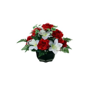 Künstliches Blumengesteck Rose, Cymbidium Orchidee YAMMA, Dekotopf, rot-creme, 26cm, Ø27cm