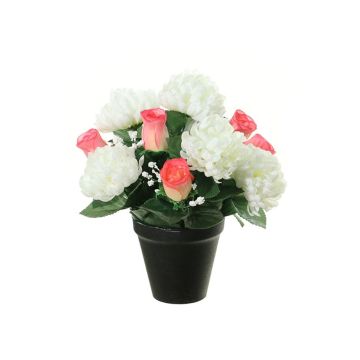 Künstliches Blumengesteck Chrysantheme, Rose YESHE, Dekotopf, creme-rosa, 28cm, Ø22cm