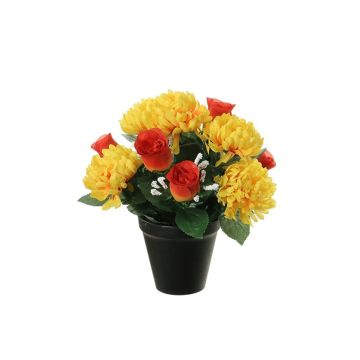 Künstliches Blumengesteck Chrysantheme, Rose YESHE, Dekotopf, gelb-orange, 28cm, Ø22cm