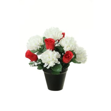 Künstliches Blumengesteck Chrysantheme, Rose YESHE, Dekotopf, creme-rot, 28cm, Ø22cm