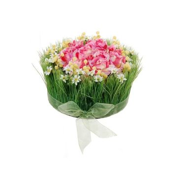 Künstliches Blumengesteck Rosen, Gras HAULANI, rosa-weiß, 12cm, Ø20cm