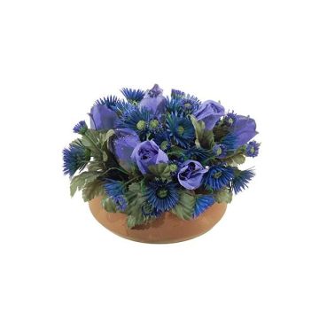 Kunst Blumengesteck Rose, Gerbera HERVE auf Platte, blau-lila, 17cm, Ø28cm