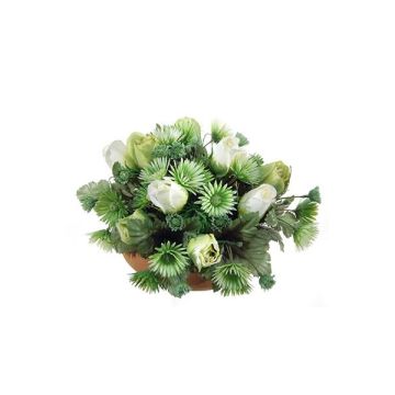 Kunst Blumengesteck Rose, Gerbera HERVE auf Platte, grün-weiß, 17cm, Ø28cm