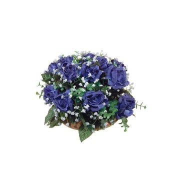 Kunst Blumengesteck Rose, Schleierkraut GISLA auf Platte, blau-weiß, 17cm, Ø28cm