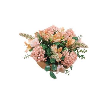 Blumengesteck künstlich Schneeball, Allium SUNY auf Platte, pfirsich, 17cm, Ø28cm
