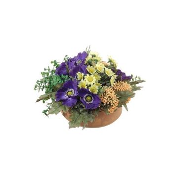 Künstliches Blumengesteck Anemone, Astilbe IGNATIO auf Platte, lila-gelb, 17cm, Ø28cm