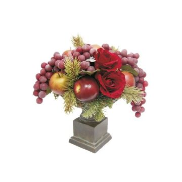 Künstliches Gesteck TOMME, Rose, Apfel, Trauben, Amphore, rot-gelb, 32cm, Ø36cm