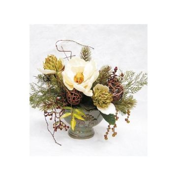 Künstliches Blumengesteck Magnolie, Protea, Beeren TORWI, Überrtopf, weiß-grün, 31cm, Ø34cm
