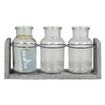 Deko Flaschen LORRIE, Glas, mit Holzständer, 3 Gläser, klar, 25x8x13cm