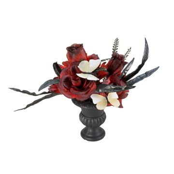 Halloween Dekoration Tischdeko Blumenstrauß LESCADIA mit Rosen, Schmetterlinge, rot-schwarz, 30cm, Ø25cm