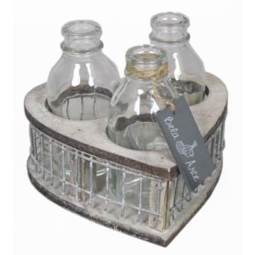 Deko Glas Flaschen LEATRICE OCEAN in Holzkiste, 3 Gläser, klar, 11cm, Ø15cm