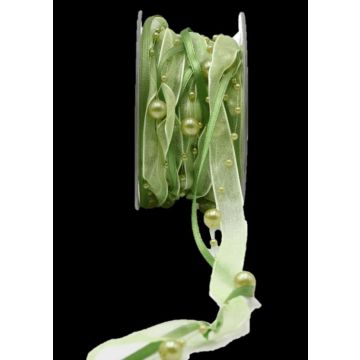 Dekoband Perlenschnur CARESA aus Chiffon und Satin, grün, 5m, 20mm
