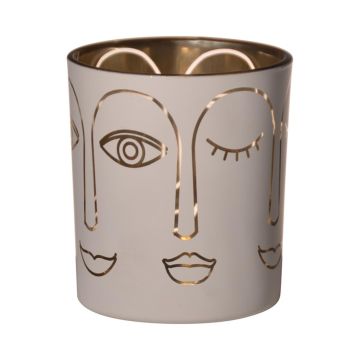 Glashalter für Teelicht LEOLINE mit Gesichtern, weiß-gold, 10cm, Ø9cm