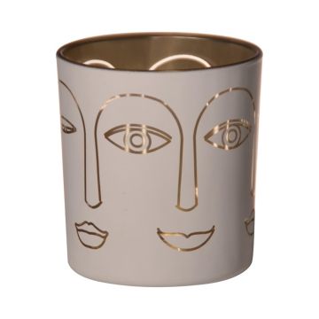 Glashalter für Teelicht LEOLINE mit Gesichtern, weiß-gold, 8cm, Ø7cm