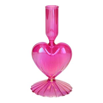 Glas Kerzenhalter ELIZZA in Herzform, mit Fuß, irisierend-fuchsia, 8,5x8,5x16,5cm