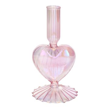 Glas Kerzenhalter ELIZZA in Herzform, mit Fuß, irisierend-hellrosa, 8,5x8,5x16,5cm