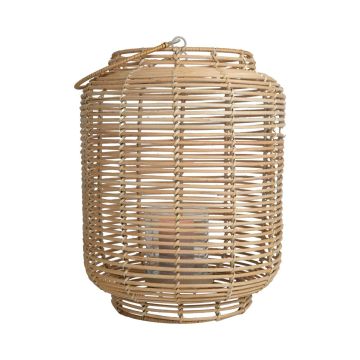 Korb Laterne AMBROSIA aus Rattan, Henkel, Glaseinsatz, beige, 52cm, Ø28cm