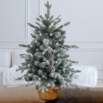 Künstlicher Tannenbaum LYNGDAL, beschneit, Zapfen, LEDs, Jutesack, 60cm, Ø40cm