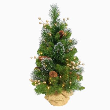 Kunst Tannenbaum WISCONSIN, Jutesack, gold geschmückt, Glitzer, LEDs, 60cm, Ø35cm