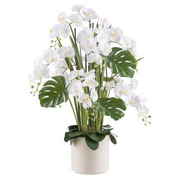 Kunstblumen Gesteck Orchidee Philodendron CASTOL, Bogenhanf Mikado, Dekotopf, weiß, 120cm