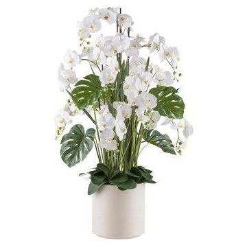 Kunstblumen Gesteck Orchidee Philodendron CASTOL, Bogenhanf Mikado, Dekotopf, weiß, 140cm