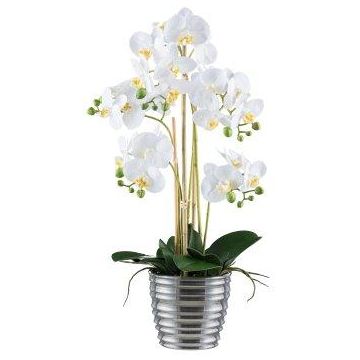 Kunst Phalaenopsis Orchidee VORDLIN, Keramiktopf silber, Wurzeln, weiß, 60cm