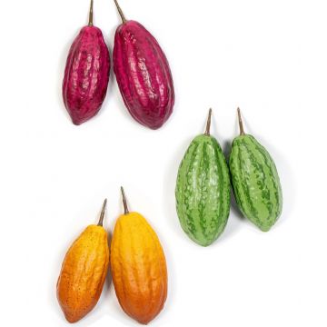 Künstliche Kakaofrüchte AGAPITO, 12 Stück, grün-gelb-violett, 18-20cm