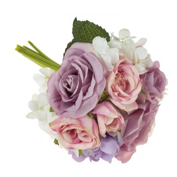 Kunstblumen Strauß FOUDILA, Rosen, Hortensien, rosa-violett, 25cm