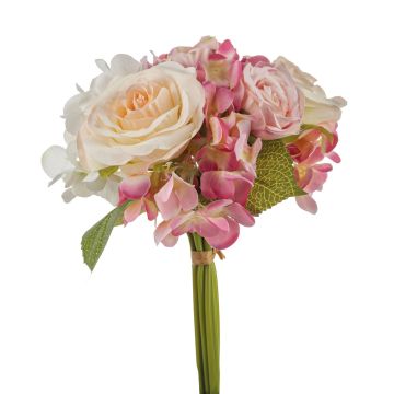 Kunstblumen Strauß FOUDILA, Rosen Hortensien, creme-rosa, 25cm