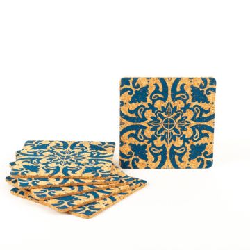 Quadratischer Glasuntersetzer Kork ROHESIA, 6 Stück, Orientalisches Muster, natur-blau, 9x9cm, Stärke 0,3cm